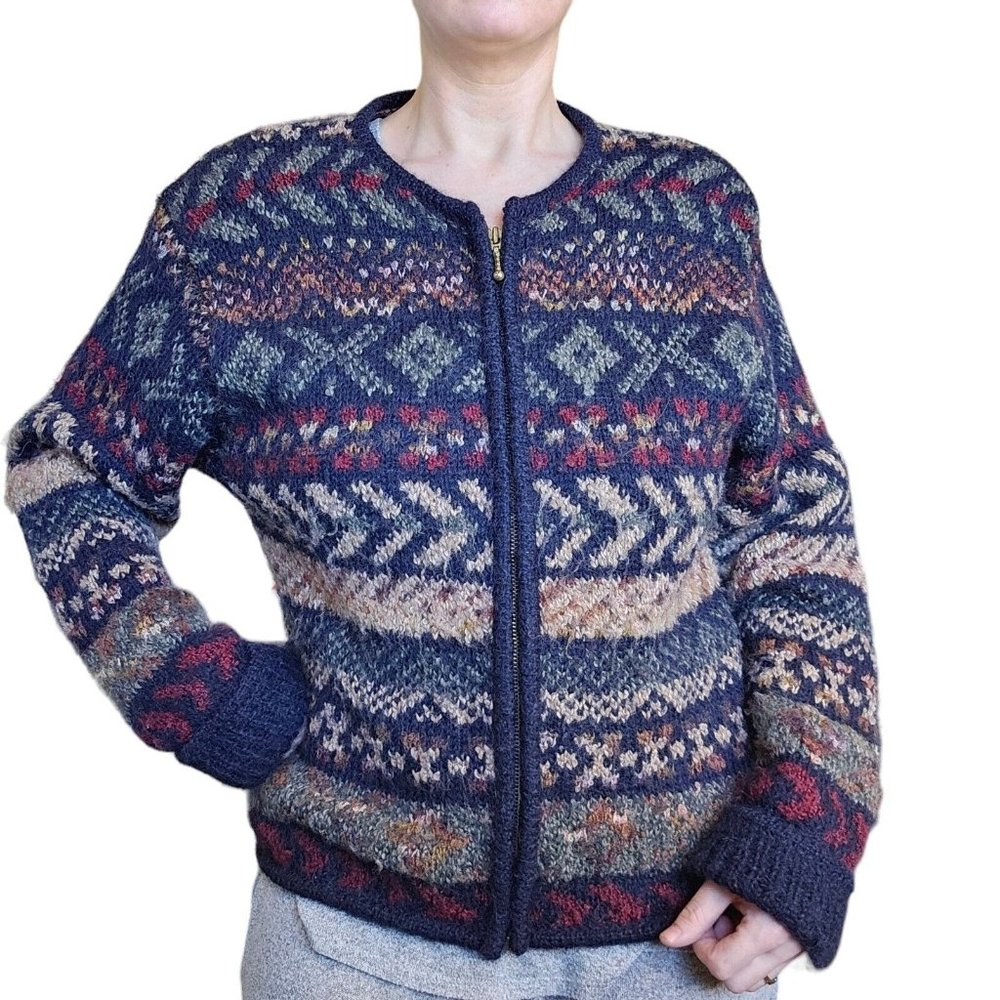 90s VTG Mohair Wool Blend‎ Cardigan Sweater Full Zip Fair Isle Fuzzy Navy